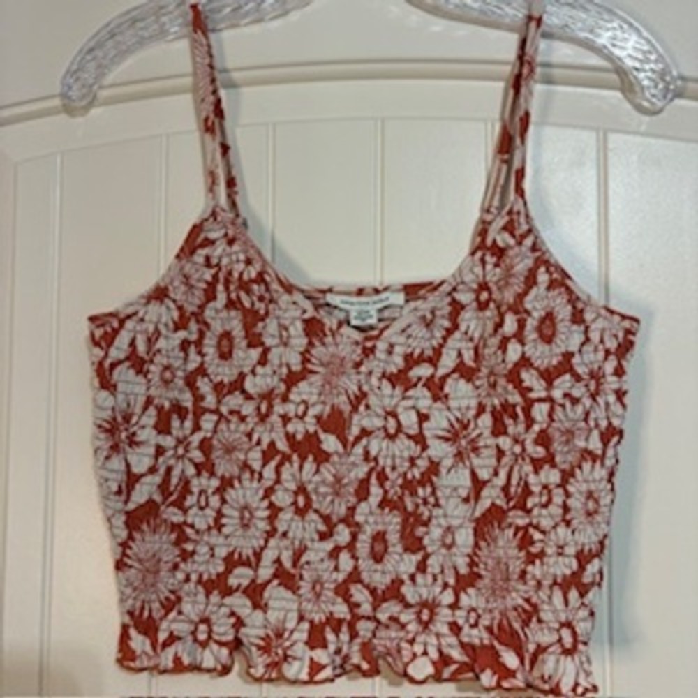 American Eagle Outfitters Orange Smocked‎ Floral Crop Top Tank Camisole Womens